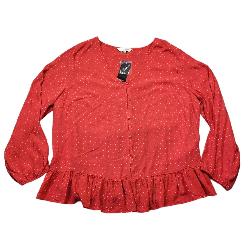 Casual Collection by F&F Polka Dot Top Flowy Button-up‎ Red Coquette Ruffle